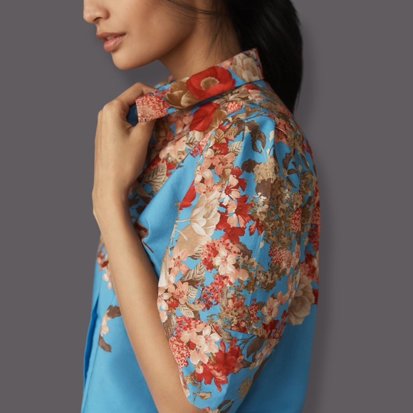 Maeve Lantern-Sleeve Blouse Blue Red Floral Button Front Short Sleeve Boxy sz 2X - Picture 3 of 8